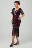 Flapper Burgundy Sequin Bodycon Fringed 1920s Dress