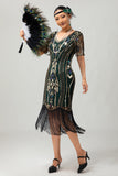 Apricot Fringed Sequin 1920s Flapper Dress with Short Sleeves