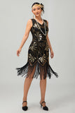 Red Golden Sequin 1920s V Neck Bodycon Flapper Dress with Tassles