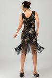 Sparkly Black Golden Fringed Gatsby 1920s Dress