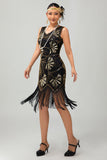 Sparkly Black Golden Fringed Gatsby 1920s Dress