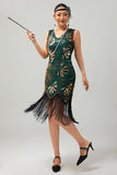 Green Golden Sequin V Neck Bodycon 1920s Flapper Dress with Tassles