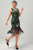 Green Golden Sequin V Neck Bodycon 1920s Flapper Dress with Tassles