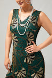 Green Golden Sequin V Neck Bodycon 1920s Flapper Dress with Tassles