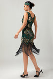 Green Golden Sequin V Neck Bodycon 1920s Flapper Dress with Tassles