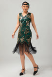 Green Golden Sequin V Neck Bodycon 1920s Flapper Dress with Tassles