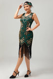 Green Golden Sequin V Neck Bodycon 1920s Flapper Dress with Tassles