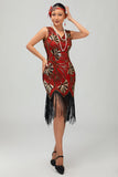 Fringed Red Golden Sequin 1920s Dress with 5 Piece Accessory Set