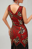 Red Golden Sequin 1920s V Neck Bodycon Flapper Dress with Tassles
