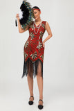 Red Golden Sequin 1920s V Neck Bodycon Flapper Dress with Tassles
