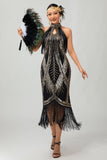 Champagne Halter Sequin Keyhole Fringed 1920s Dress