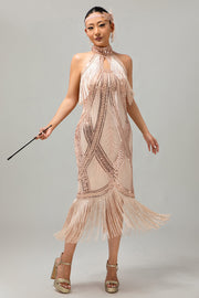 Champagne Halter Sequin Keyhole Fringed 1920s Dress