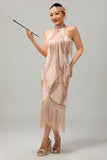 Champagne Sequin Halter Fringe 1920s Dress with 5-Piece Accessories Set
