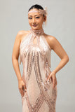 Champagne Halter Sequin Keyhole Fringed 1920s Dress