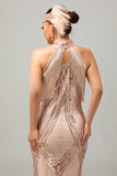 Champagne Halter Sequin Keyhole Fringed 1920s Dress