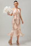 Champagne Halter Sequin Keyhole Fringed 1920s Dress
