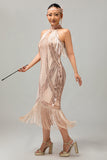 Champagne Halter Sequin Keyhole Fringed 1920s Dress