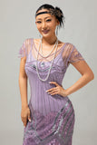 Purple Sequin Fringe 1920s Dress with 5-Piece Accessories Set