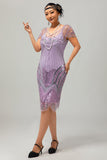 Purple Sequin Fringe 1920s Dress with 5-Piece Accessories Set