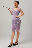 Sparkly Purple Beaded V Neck Short 1920s Dress with Sequins