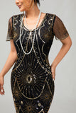 Gatsby Black Red Scoop Fringed Bodycon1920s Dress with Sequins