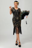 Beaded Black Golden Fringed Bodycon 1920s Dress