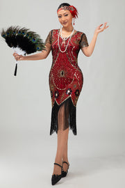 Gatsby Black Red Scoop Fringed Bodycon1920s Dress with Sequins