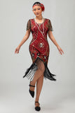 Sequin Fringed Scoop Neck Black Red 1920s Dress with 5 Piece Accessory Set