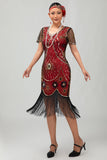 Sequin Fringed Scoop Neck Black Red 1920s Dress with 5 Piece Accessory Set