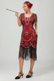 Gatsby Black Red Scoop Fringed Bodycon1920s Dress with Sequins