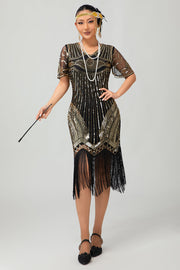 Black Golden Sequin Bodycon 1920s Flapper Dress with Tassles