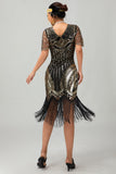 Black Silver Sequin V Neck Bodycon 1920s Dress with Tassels