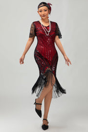 Sparkly Black Red Bodycon Fringed Short 1920s Dress With Fringes