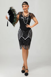 Black Silver Gatsby Sequins Short 1920s Dress With Fringes