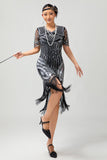 Black Silver Sequin V Neck Bodycon 1920s Dress with Tassels