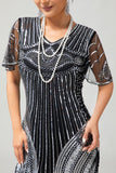 Black Silver Sequin V Neck Fringe 1920s Dress with 5-Piece Accessories Set