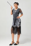 Black Silver Sequin V Neck Bodycon 1920s Dress with Tassels