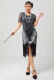 Black Silver Sequin V Neck Bodycon 1920s Dress with Tassels