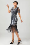 Black Silver Sequin V Neck Bodycon 1920s Dress with Tassels
