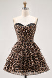 Brown Leopard A-Line Sweetheart Corset Tiered Ruffle Graduation Dress