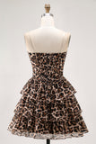 Brown Leopard A-Line Sweetheart Corset Tiered Ruffle Graduation Dress