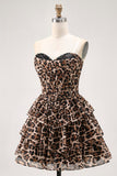 Brown Leopard A-Line Sweetheart Corset Tiered Ruffle Graduation Dress