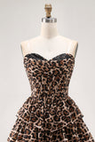 Brown Leopard A-Line Sweetheart Corset Tiered Ruffle Graduation Dress