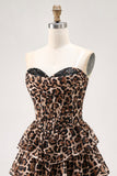 Brown Leopard A-Line Sweetheart Corset Tiered Ruffle Graduation Dress