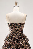 Brown Leopard A-Line Sweetheart Corset Tiered Ruffle Graduation Dress