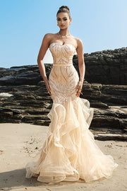 Strapless Mermaid Evening Dress with Champagne and Sequin Ruffles