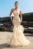 Strapless Mermaid Evening Dress with Champagne and Sequin Ruffles