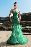 Strapless Mermaid Evening Dress with Champagne and Sequin Ruffles