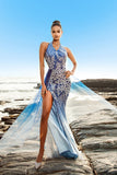 Blue Mermaid Sequin Halter Evening Dress with Slit