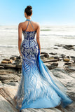Blue Mermaid Sequin Halter Evening Dress with Slit